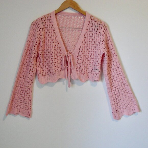 Pink Boho Crochet Knit Tie Front Cardigan Sweater Scallop Trim Cropped Top Small - Picture 7 of 16